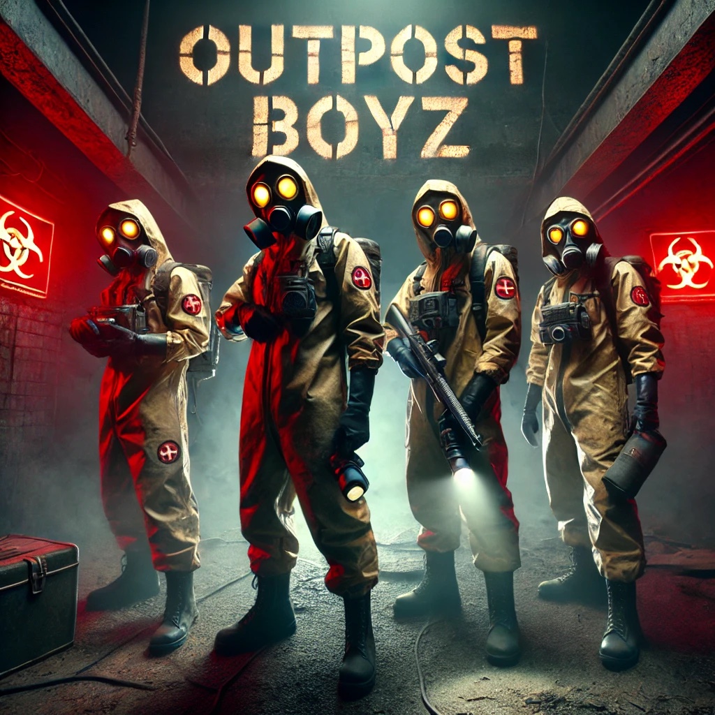 The Outpost Boyz crew — four hazmat-suited squad members in a bunker